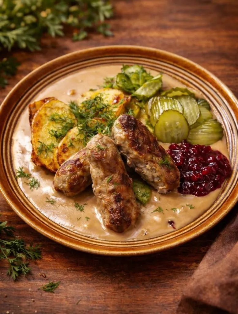 Köttbullar med gräddsås, lingon och pressgurka